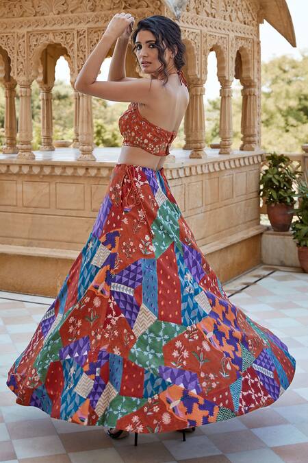 Buy Amrood Orange Modal, Satin Beads, Cut Work Halter Neck Mixed Print Lehenga And Blouse Set Online at Aza Fashions Buy_Amrood_Orange Modal, Satin Beads, Cut Work Halter Neck Mixed Print Lehenga And Blouse Set _Online_at_Aza_Fashions