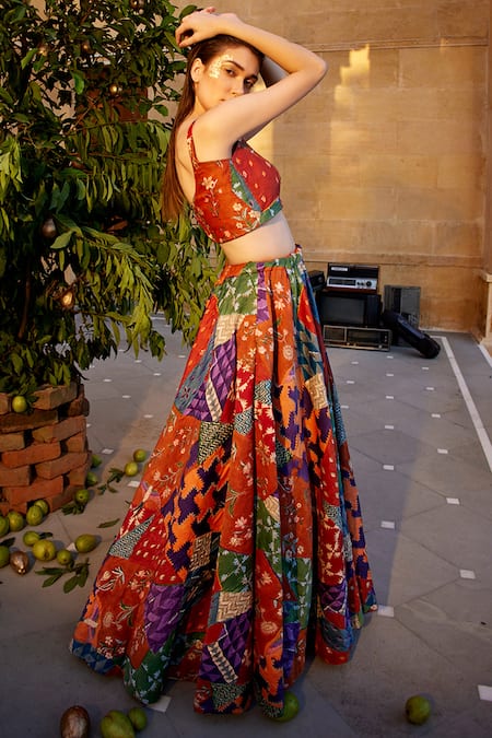 Shop_Amrood_Orange Modal, Satin Beads, Cut Work Printed Flared Lehenga And Blouse Set _at_Aza_Fashions