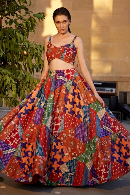 Buy_Amrood_Orange Modal, Satin Beads, Cut Work Printed Flared Lehenga And Blouse Set _Online_at_Aza_Fashions