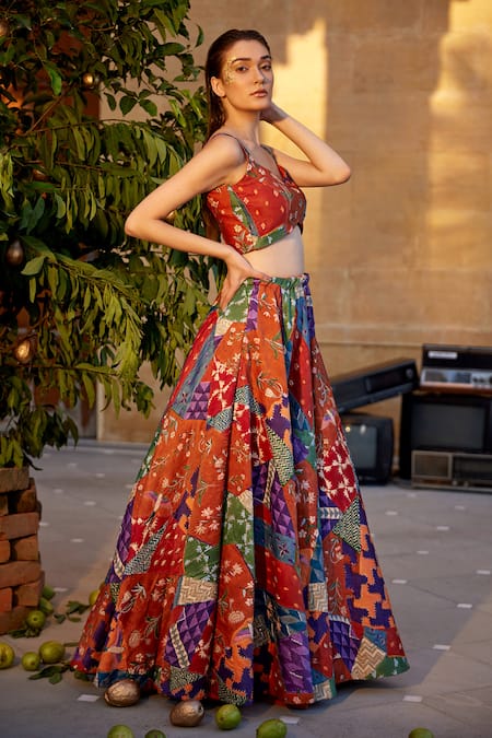 Shop_Amrood_Orange Modal, Satin Beads, Cut Work Printed Flared Lehenga And Blouse Set _Online_at_Aza_Fashions