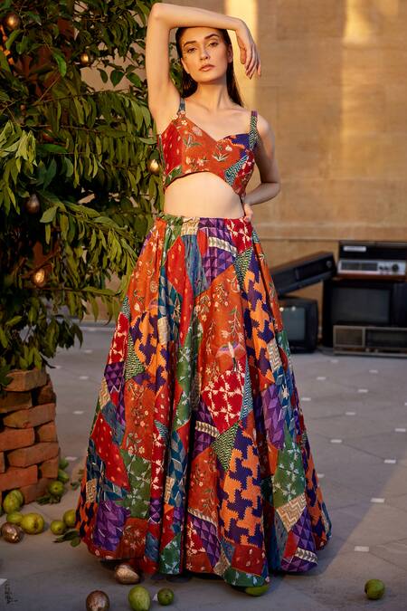 Amrood_Orange Modal, Satin Beads, Cut Work Printed Flared Lehenga And Blouse Set _at_Aza_Fashions