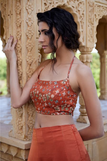 Amrood Orange Modal, Satin Beads, Cut Work Halter Flared Lehenga And Printed Blouse Set Online at Aza Fashions Amrood_Orange Modal, Satin Beads, Cut Work Halter Flared Lehenga And Printed Blouse Set _Online_at_Aza_Fashions