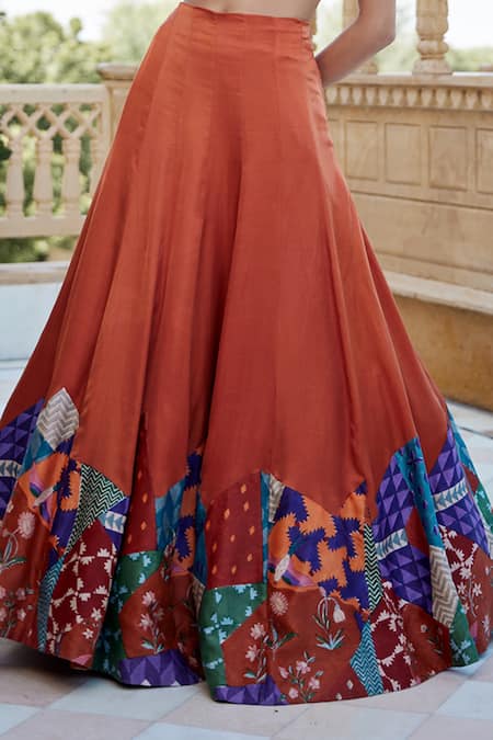 Shop Amrood Orange Modal, Satin Beads, Cut Work Halter Flared Lehenga And Printed Blouse Set Online at Aza Fashions Shop_Amrood_Orange Modal, Satin Beads, Cut Work Halter Flared Lehenga And Printed Blouse Set _Online_at_Aza_Fashions