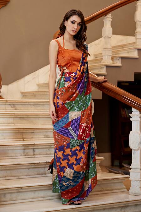 Amrood Orange Modal, Satin Halter Neck Printed Pre-draped Saree And Blouse Set Online at Aza Fashions Amrood_Orange Modal, Satin Halter Neck Printed Pre-draped Saree And Blouse Set _Online_at_Aza_Fashions