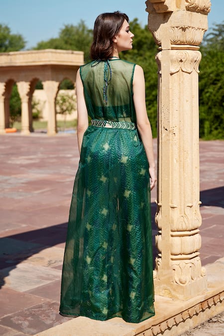 Shop_Amrood_Orange Modal, Satin Zari Halter , Open Chevron Print Bustier Pant Set _at_Aza_Fashions