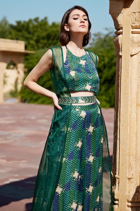 Amrood_Orange Modal, Satin Zari Halter , Open Chevron Print Bustier Pant Set _Online_at_Aza_Fashions