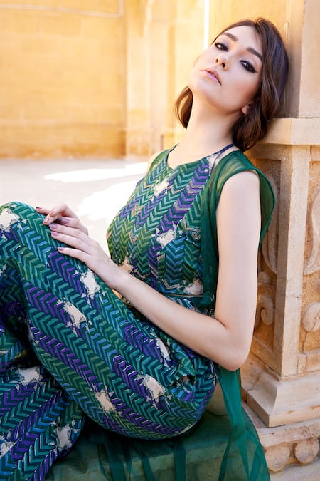 Buy_Amrood_Orange Modal, Satin Zari Halter , Open Chevron Print Bustier Pant Set _Online_at_Aza_Fashions