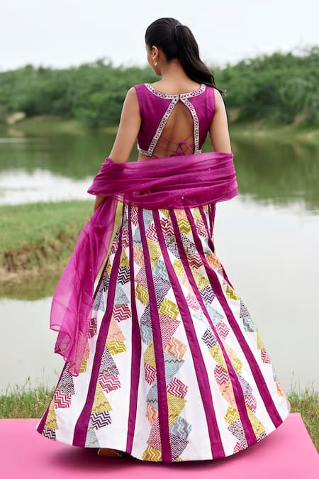 Shop Amrood Purple Taffeta Sequins, Prism Chevron Print Embellished Lehenga Blouse Set at Aza Fashions Shop_Amrood_Purple Taffeta Sequins, Prism Chevron Print Embellished Lehenga Blouse Set _at_Aza_Fashions