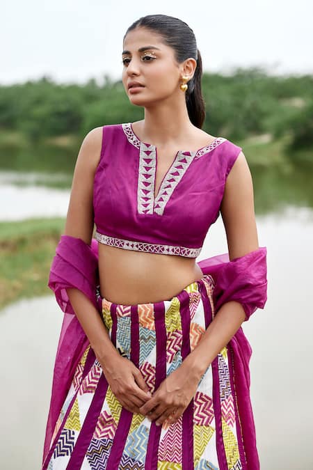Amrood Purple Taffeta Sequins, Prism Chevron Print Embellished Lehenga Blouse Set Online at Aza Fashions Amrood_Purple Taffeta Sequins, Prism Chevron Print Embellished Lehenga Blouse Set _Online_at_Aza_Fashions