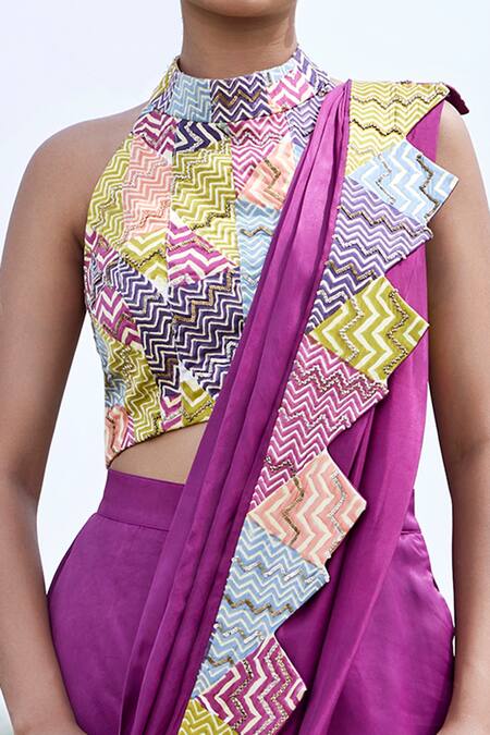 Amrood Purple Taffeta Patchwork Halter Chevron Work Embellished Pant Saree With Blouse Online at Aza Fashions Amrood_Purple Taffeta Patchwork Halter Chevron Work Embellished Pant Saree With Blouse _Online_at_Aza_Fashions