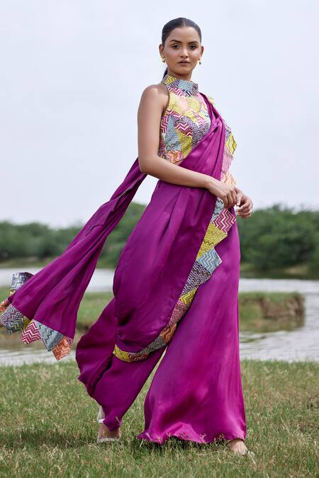 Buy Amrood Purple Taffeta Patchwork Halter Chevron Work Embellished Pant Saree With Blouse Online at Aza Fashions Buy_Amrood_Purple Taffeta Patchwork Halter Chevron Work Embellished Pant Saree With Blouse _Online_at_Aza_Fashions