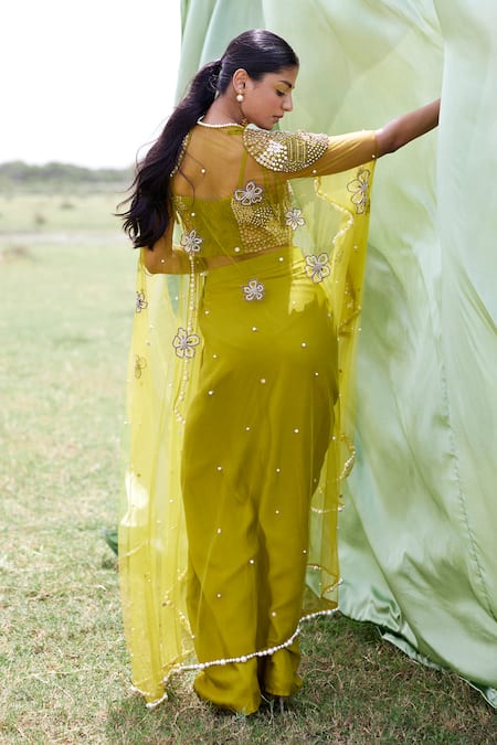 Shop Amrood Yellow Taffeta Pearls, Sequins, Metallic Embellished Cape Draped Skirt Set at Aza Fashions Shop_Amrood_Yellow Taffeta Pearls, Sequins, Metallic Embellished Cape Draped Skirt Set _at_Aza_Fashions