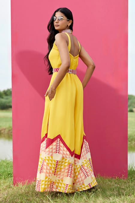 Shop Amrood Yellow Taffeta Embroidery Halter Neck Triangle Maze Print Jumpsuit at Aza Fashions Shop_Amrood_Yellow Taffeta Embroidery Halter Neck Triangle Maze Print Jumpsuit _at_Aza_Fashions