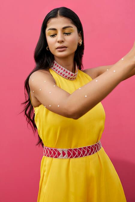 Amrood Yellow Taffeta Embroidery Halter Neck Triangle Maze Print Jumpsuit Online at Aza Fashions Amrood_Yellow Taffeta Embroidery Halter Neck Triangle Maze Print Jumpsuit _Online_at_Aza_Fashions