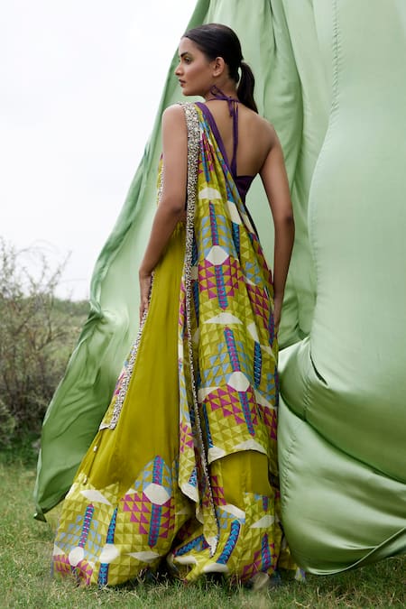 Shop Amrood Green Taffeta Patchwork Halter Neck Prism Maze Print Lehenga Blouse Set at Aza Fashions Shop_Amrood_Green Taffeta Patchwork Halter Neck Prism Maze Print Lehenga Blouse Set _at_Aza_Fashions