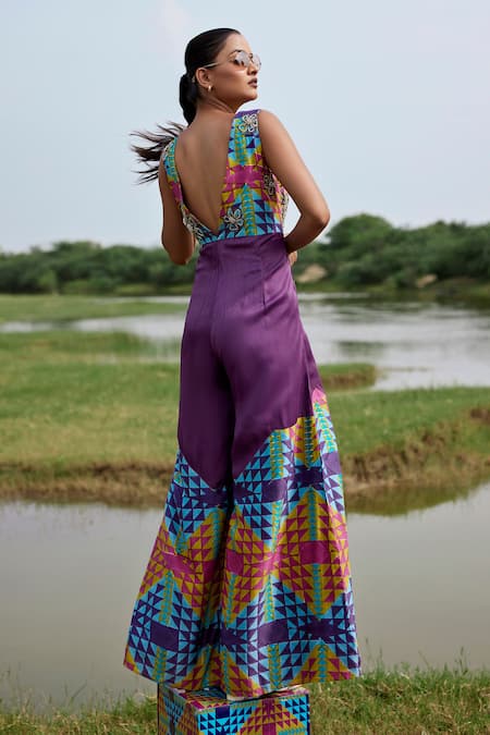 Shop_Amrood_Purple Taffeta Embroidery V-neck Geometric Print V Jumpsuit _at_Aza_Fashions