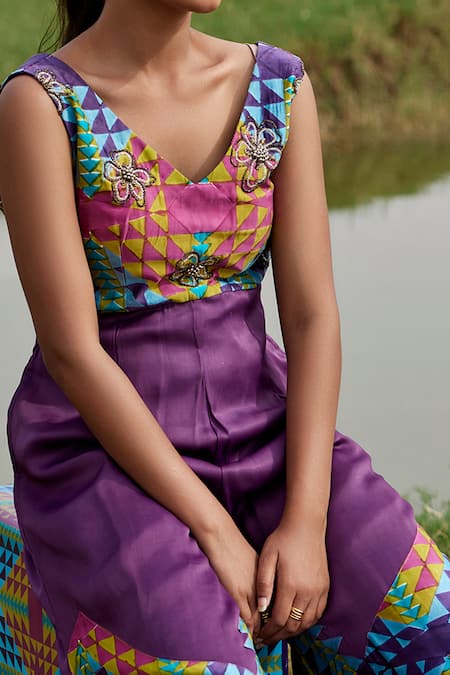 Amrood_Purple Taffeta Embroidery V-neck Geometric Print V Jumpsuit _Online_at_Aza_Fashions