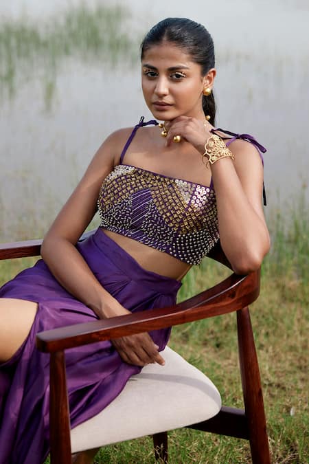 Shop Amrood Purple Taffeta Beads, Sequins Metallic Chips Embellished Top With Slit Skirt at Aza Fashions Shop_Amrood_Purple Taffeta Beads, Sequins Metallic Chips Embellished Top With Slit Skirt _at_Aza_Fashions