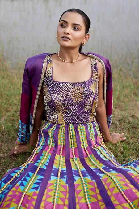 Shop_Amrood_Purple Taffeta Sequins, Metallic Thread, Beads Prism Print Jacket Lehenga Set _at_Aza_Fashions