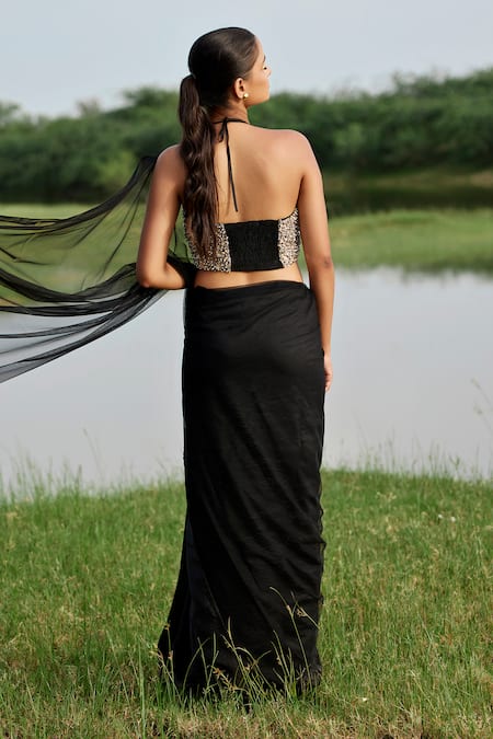 Shop Amrood Black Taffeta Sequins, Metallic Thread Halter Neck Saree With Embellished Blouse at Aza Fashions Shop_Amrood_Black Taffeta Sequins, Metallic Thread Halter Neck Saree With Embellished Blouse _at_Aza_Fashions