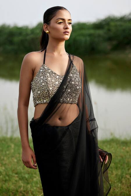 Amrood Black Taffeta Sequins, Metallic Thread Halter Neck Saree With Embellished Blouse Online at Aza Fashions Amrood_Black Taffeta Sequins, Metallic Thread Halter Neck Saree With Embellished Blouse _Online_at_Aza_Fashions