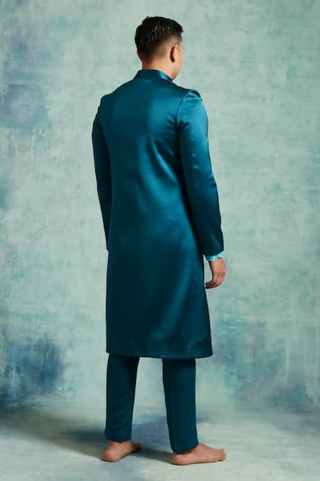 Shop Vedika Soni Blue Satin Embroidery Floral Placed Sherwani Pant Set at Aza Fashions Shop_Vedika Soni_Blue Satin Embroidery Floral Placed Sherwani Pant Set _at_Aza_Fashions