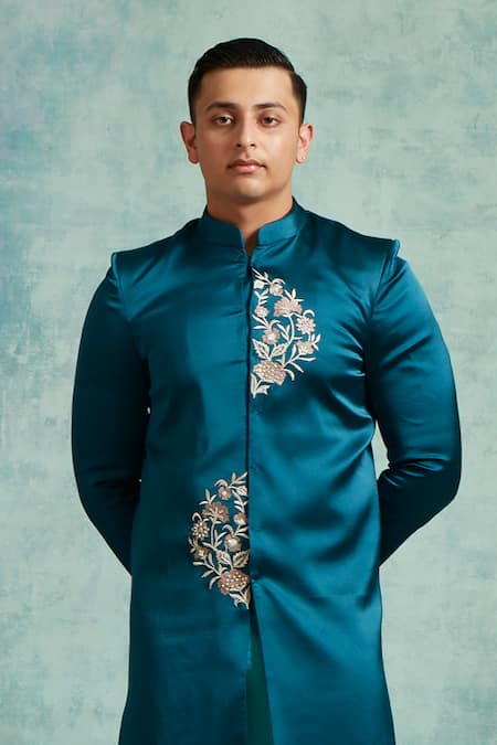 Vedika Soni Blue Satin Embroidery Floral Placed Sherwani Pant Set Online at Aza Fashions Vedika Soni_Blue Satin Embroidery Floral Placed Sherwani Pant Set _Online_at_Aza_Fashions