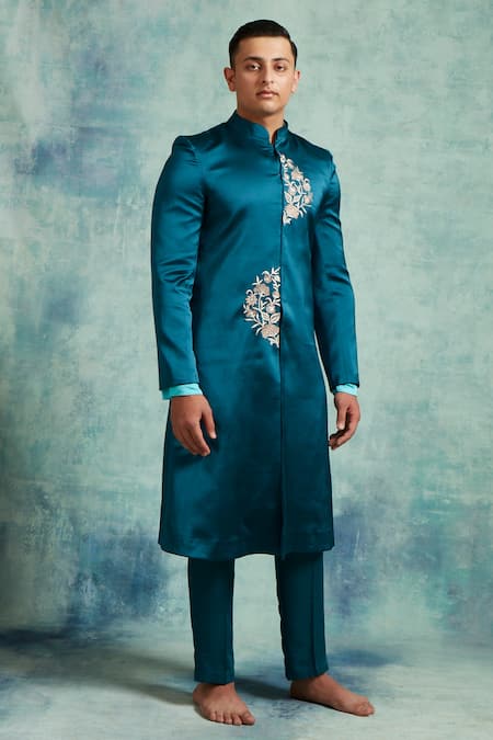 Shop Vedika Soni Blue Satin Embroidery Floral Placed Sherwani Pant Set Online at Aza Fashions Shop_Vedika Soni_Blue Satin Embroidery Floral Placed Sherwani Pant Set _Online_at_Aza_Fashions