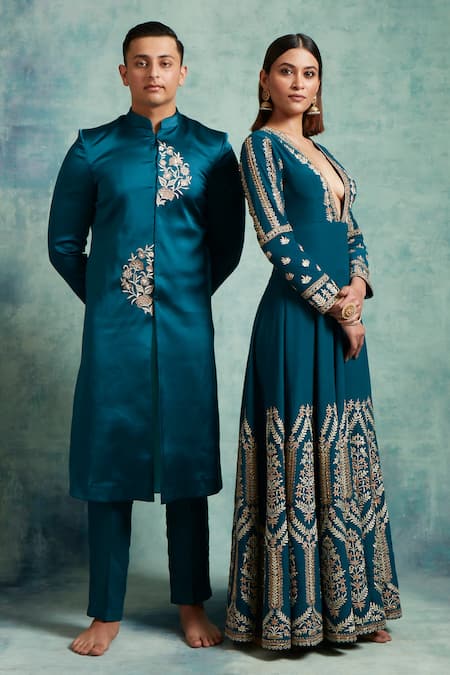Vedika Soni Blue Satin Embroidery Floral Placed Sherwani Pant Set at Aza Fashions Vedika Soni_Blue Satin Embroidery Floral Placed Sherwani Pant Set _at_Aza_Fashions