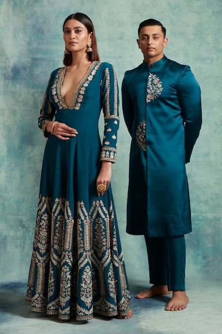 Buy Vedika Soni Blue Satin Embroidery Floral Placed Sherwani Pant Set Buy_Vedika Soni_Blue Satin Embroidery Floral Placed Sherwani Pant Set