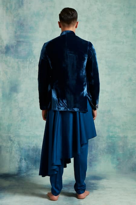 Shop Vedika Soni Blue Velvet Embroidery Floral Placed Jacket Kurta Set at Aza Fashions Shop_Vedika Soni_Blue Velvet Embroidery Floral Placed Jacket Kurta Set _at_Aza_Fashions