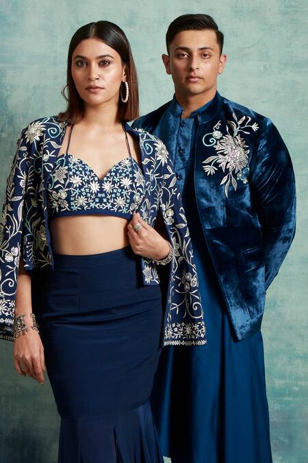 Vedika Soni Blue Velvet Embroidery Floral Placed Jacket Kurta Set Online at Aza Fashions Vedika Soni_Blue Velvet Embroidery Floral Placed Jacket Kurta Set _Online_at_Aza_Fashions