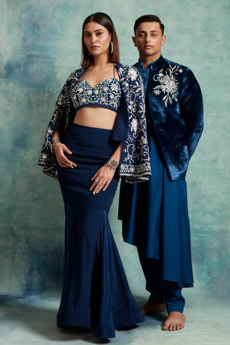 Buy Vedika Soni Blue Velvet Embroidery Floral Placed Jacket Kurta Set Online at Aza Fashions Buy_Vedika Soni_Blue Velvet Embroidery Floral Placed Jacket Kurta Set _Online_at_Aza_Fashions