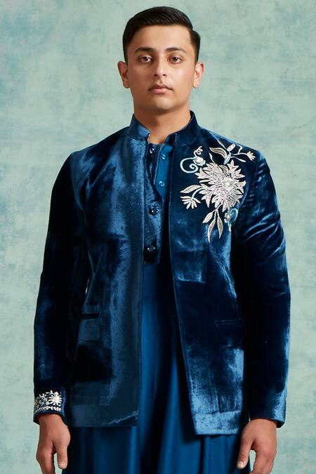Shop Vedika Soni Blue Velvet Embroidery Floral Placed Jacket Kurta Set Online at Aza Fashions Shop_Vedika Soni_Blue Velvet Embroidery Floral Placed Jacket Kurta Set _Online_at_Aza_Fashions
