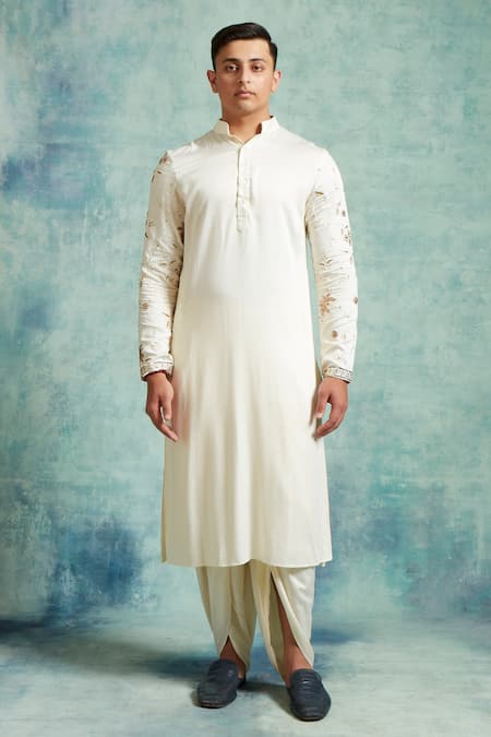 Vedika Soni Ivory Cotton, Crepe Embroidery Floral Placement Kurta Dhoti Set Online at Aza Fashions Vedika Soni_Ivory Cotton, Crepe Embroidery Floral Placement Kurta Dhoti Set _Online_at_Aza_Fashions
