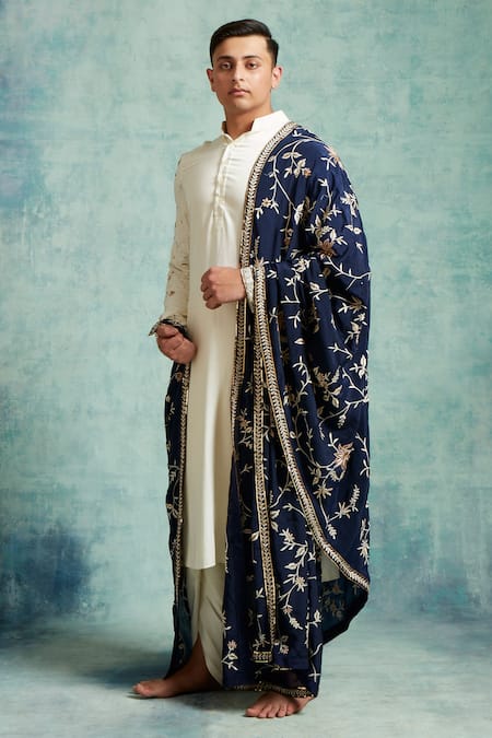 Vedika Soni Ivory Cotton, Crepe Embroidery Floral Placement Kurta Dhoti Set at Aza Fashions Vedika Soni_Ivory Cotton, Crepe Embroidery Floral Placement Kurta Dhoti Set _at_Aza_Fashions