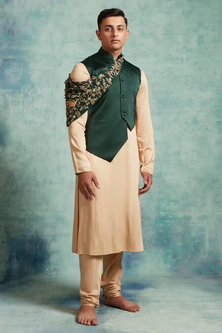 Buy_Vedika Soni_Green Satin Embroidery Floral Bundi Kurta Set _Online_at_Aza_Fashions