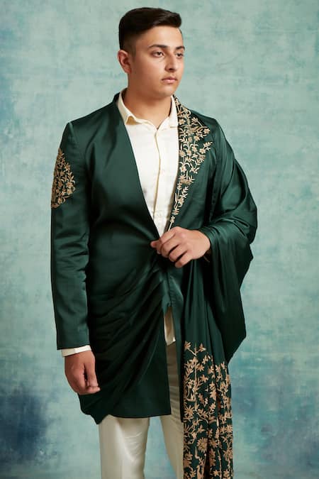 Shop Vedika Soni Green Satin Embroidery Floral Jacket Pant Set Online at Aza Fashions Shop_Vedika Soni_Green Satin Embroidery Floral Jacket Pant Set _Online_at_Aza_Fashions