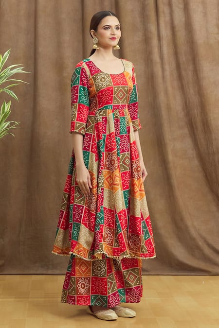 Cream Paisley and Floral Printed Anarkali Kurti with Palazzo in...