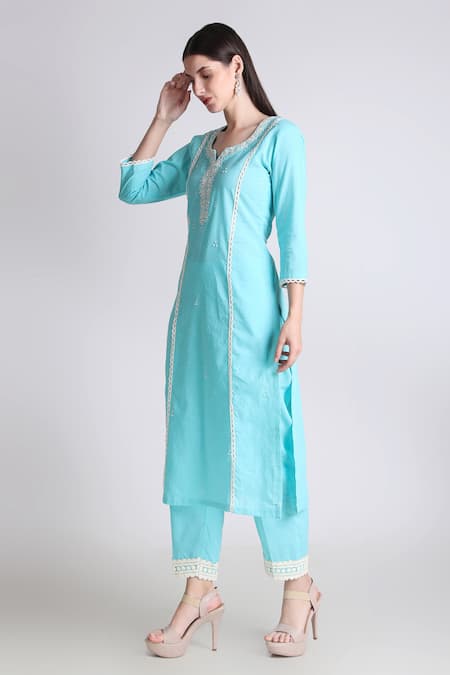 Shop Tashee Sky Blue Cotton Sequins, Cut Work, Embroidery Floral Placement Kurta With Pant at Aza Fashions Shop_Tashee_Sky Blue Cotton Sequins, Cut Work, Embroidery Floral Placement Kurta With Pant _at_Aza_Fashions