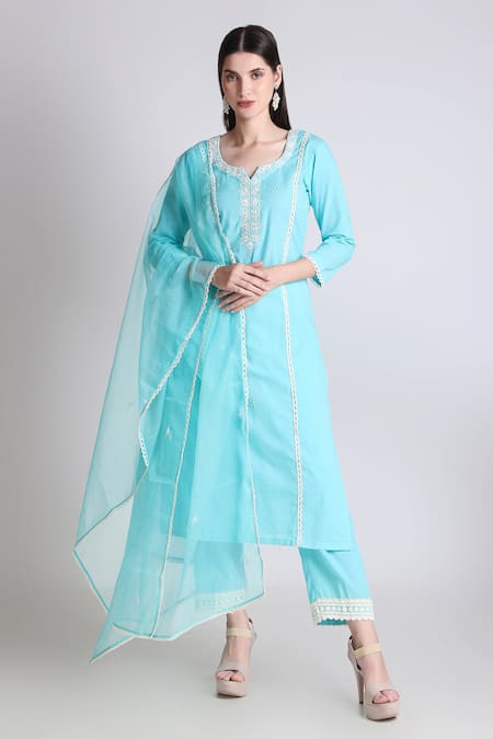 Tashee Sky Blue Kurta And Pant Cotton Embroidered Thread Notched Floral Placement Set 