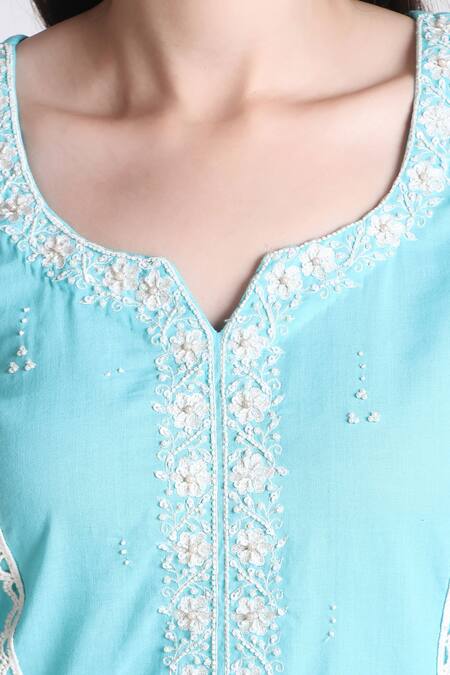 Tashee Sky Blue Cotton, Organza Sequins, Embroidery Floral Placement Kurta Pant Set at Aza Fashions Tashee_Sky Blue Cotton, Organza Sequins, Embroidery Floral Placement Kurta Pant Set _at_Aza_Fashions