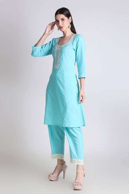 Tashee Sky Blue Cotton Sequins, Cut Work, Embroidery Round Neck Bodice Kurta With Pant Online at Aza Fashions Tashee_Sky Blue Cotton Sequins, Cut Work, Embroidery Round Neck Bodice Kurta With Pant _Online_at_Aza_Fashions