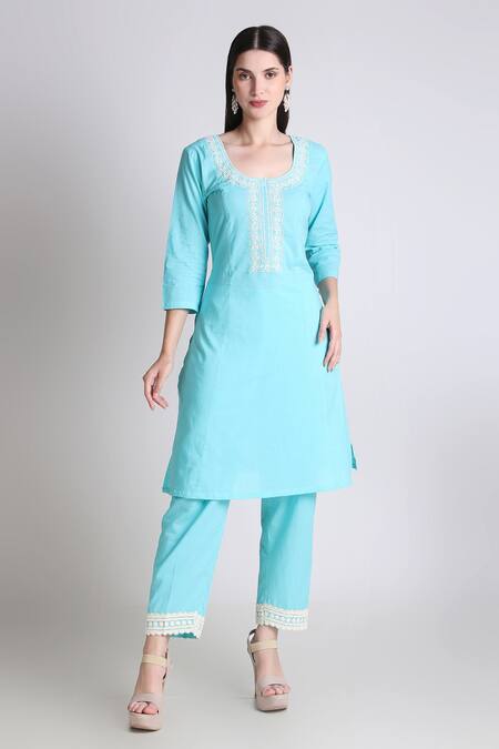 Tashee_Sky Blue Cotton, Organza Sequins, Cut Work, Floral Bodice Kurta Pant Set _Online_at_Aza_Fashions