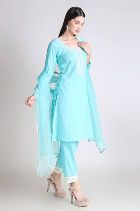 Shop_Tashee_Sky Blue Cotton, Organza Sequins, Cut Work, Floral Bodice Kurta Pant Set _Online_at_Aza_Fashions