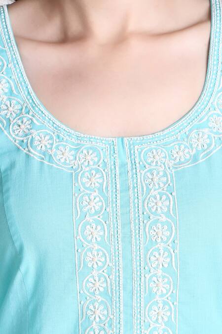 Tashee_Sky Blue Cotton, Organza Sequins, Cut Work, Floral Bodice Kurta Pant Set _at_Aza_Fashions