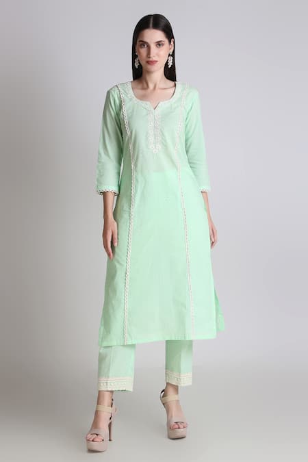 Tashee Green Cotton Sequins, Cut Work, Lace Split Thread Embroidered Kurta With Pant 