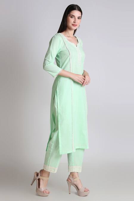 Shop Tashee Green Cotton Sequins, Cut Work, Lace Split Thread Embroidered Kurta With Pant Online at Aza Fashions Shop_Tashee_Green Cotton Sequins, Cut Work, Lace Split Thread Embroidered Kurta With Pant _Online_at_Aza_Fashions