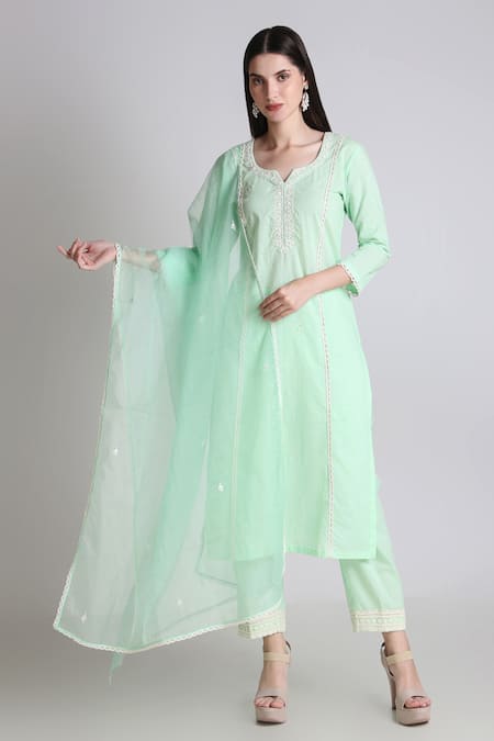Tashee Green Cotton, Organza Sequins, Cut Work, Embroidery Split Thread Kurta Pant Set 