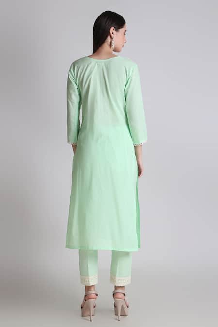Shop Tashee Green Cotton, Organza Sequins, Cut Work, Embroidery Split Thread Kurta Pant Set at Aza Fashions Shop_Tashee_Green Cotton, Organza Sequins, Cut Work, Embroidery Split Thread Kurta Pant Set _at_Aza_Fashions